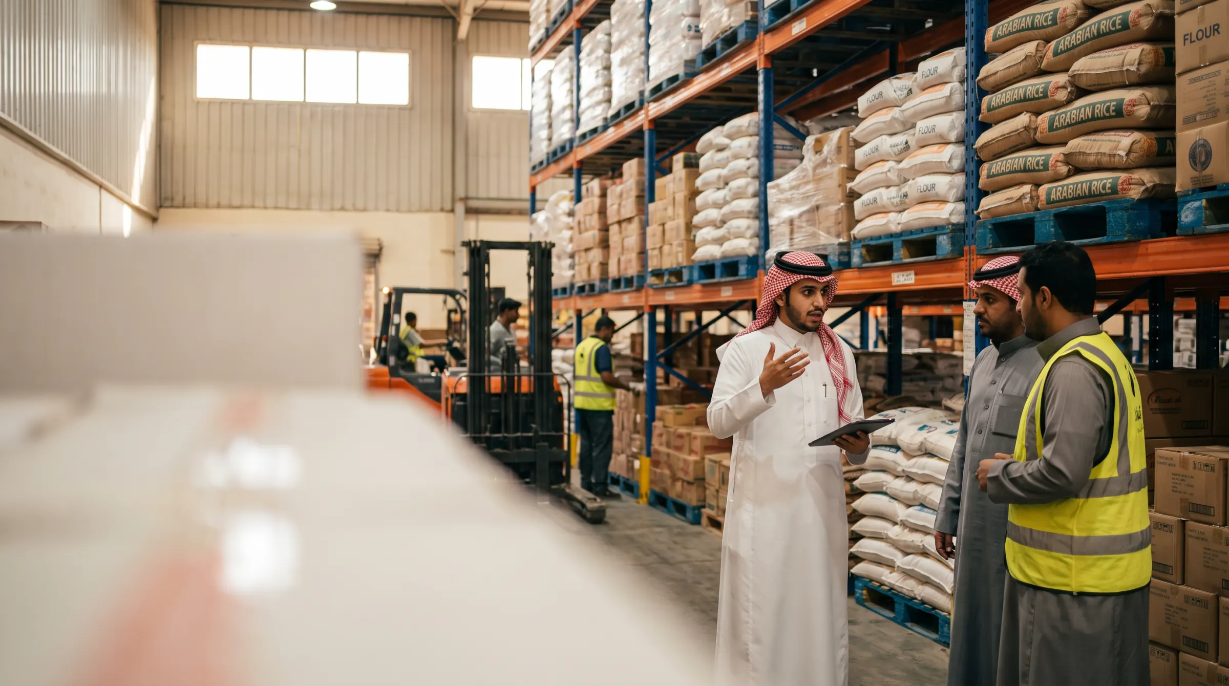 موظف سعودي يحمل جهازاً لوحياً يتحدث مع زملائه في مستودع أغذية أمام رفوف أكياس الرز